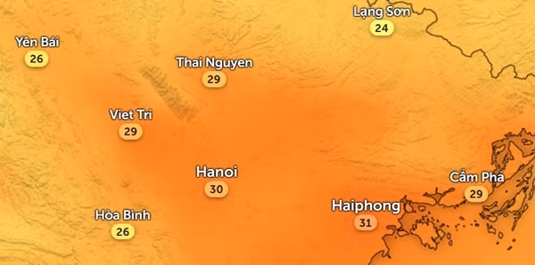 Dự báo nhiệt độ thực ở Hà Nội và một số tỉnh thành phía Bắc nước ta vào trưa, chiều Chủ Nhật (29/10). Ảnh: Zoom Earth; OpenStreetMap.