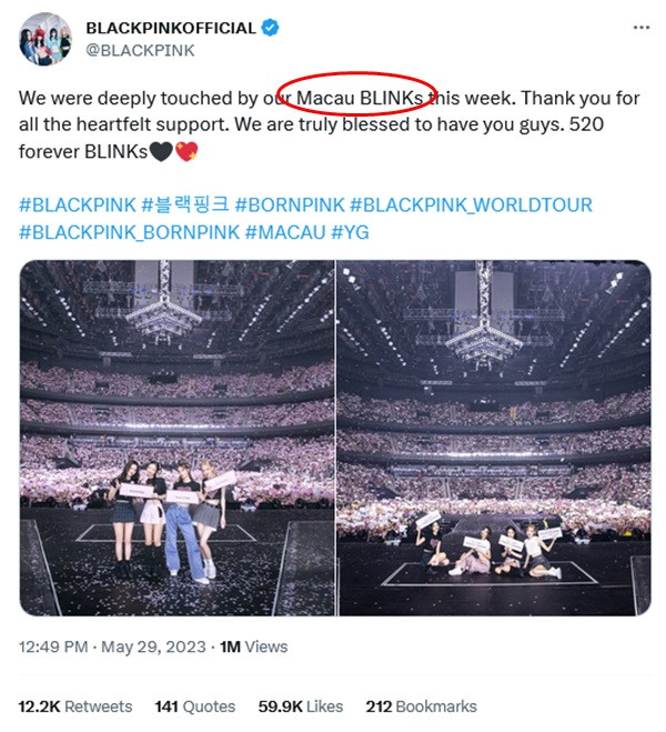 Trên Twitter, BLACKPINK cũng đã viết là "Macau BLINKS". (Ảnh chụp màn hình Twitter).