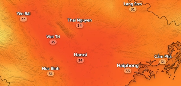 Nhiệt độ thực ở Hà Nội và một số tỉnh thành phía Bắc nước ta vào chiều 27/10, khi trời rất nóng. Ảnh: Zoom Earth; OpenStreetMap.