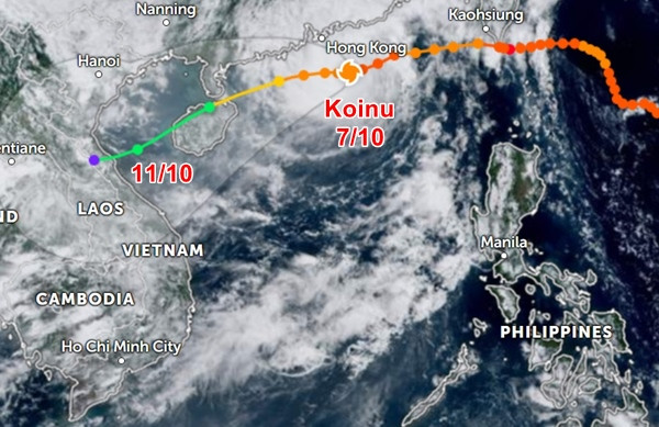 Vị trí hiện tại và dự báo đường đi của cơn bão số 4 (bão Koinu). Ảnh: Zoom Earth. Vị trí hiện tại và dự báo đường đi của cơn bão số 4 (bão Koinu). Ảnh: Zoom Earth.