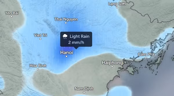 Dự báo mưa vào 6h sáng ngày 13/11, màu xanh da trời là có mưa. Ảnh: Zoom Earth, OpenStreetMap.