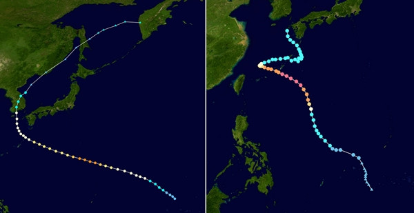 Cả bão Khanun 2023 (phải) và bão Rusa 2002 (trái) đều lượn thành đường vòng. Ảnh: Wikimedia. Cả bão Khanun 2023 (phải) và bão Rusa 2002 (trái) đều lượn thành đường vòng. Ảnh: Wikimedia.