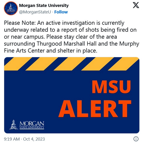 Trường ĐH công Morgan cảnh báo khẩn cấp về vụ xả súng, đề nghị sinh viên trú ẩn. (Ảnh chụp màn hình X). Trường ĐH công Morgan cảnh báo khẩn cấp về vụ xả súng, đề nghị sinh viên trú ẩn. (Ảnh chụp màn hình X).