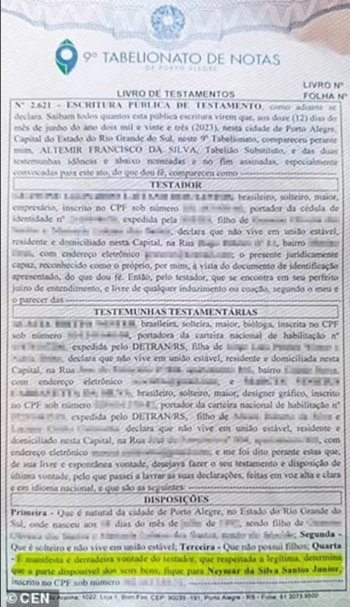 Một phần bản di chúc xác nhận toàn bộ tài sản của fan sẽ thuộc về Neymar. Ảnh: CEN. Một phần bản di chúc xác nhận toàn bộ tài sản của fan sẽ thuộc về Neymar. Ảnh: CEN.