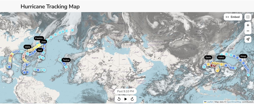 Hơn 7 cơn bão hoạt động cùng lúc trên thế giới vào ngày 2/9 (trong hình, bão Katia được ghi là Twelve). Ảnh: Rain Viewer. Hơn 7 cơn bão hoạt động cùng lúc trên thế giới vào ngày 2/9 (trong hình, bão Katia được ghi là Twelve). Ảnh: Rain Viewer.