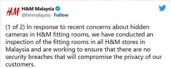 H&M Malaysia đã phải đưa ra thông báo. Ảnh: Twitter.