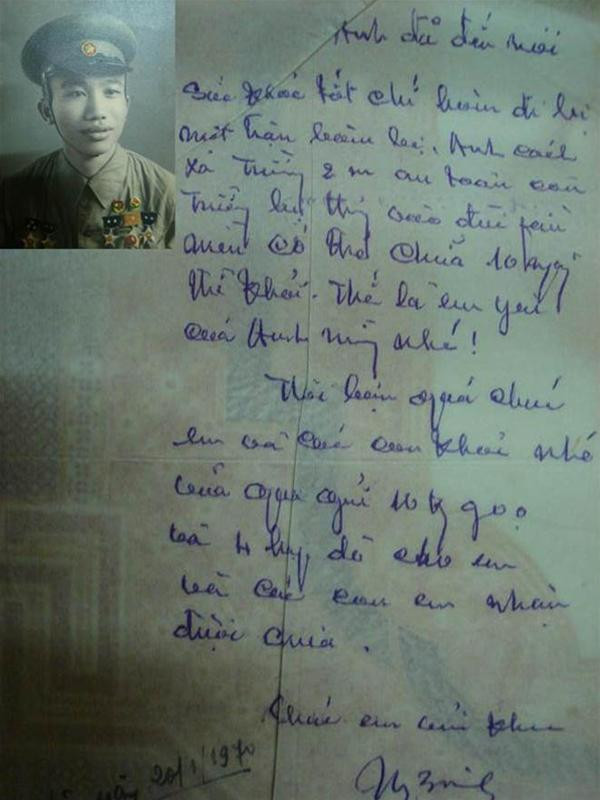 Nguyễn Thăng Bình khi còn trẻ (ảnh nhỏ). Một bức thư Nguyễn Thăng Bình gửi vợ năm 1970 (ảnh lớn)