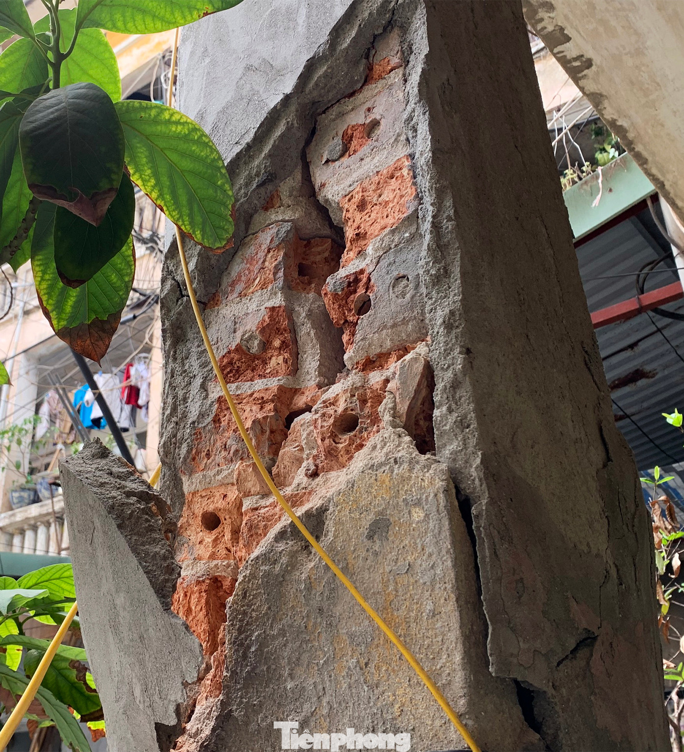 Nhiều cột trong khu tập thể nứt vỡ gạch, vữa xi măng từng mảng.