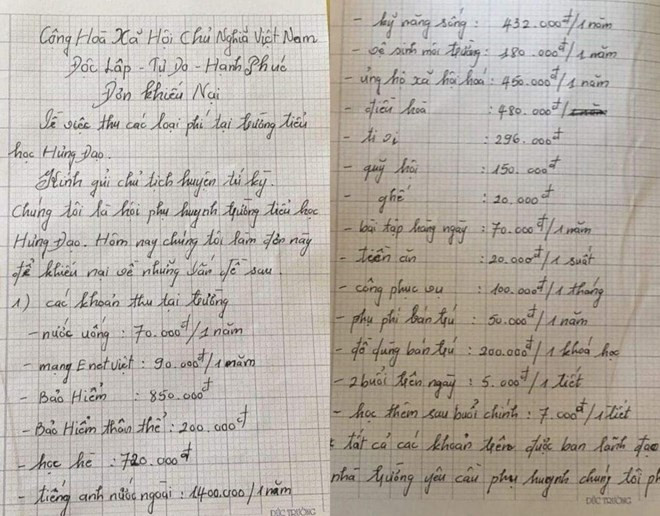 Phụ huynh gửi đơn khiếu nại về một số khoản tiền đầu năm học tại Trường Tiểu học Hưng Đạo (Tứ Kỳ, Hải Dương). Phụ huynh gửi đơn khiếu nại về một số khoản tiền đầu năm học tại Trường Tiểu học Hưng Đạo (Tứ Kỳ, Hải Dương).
