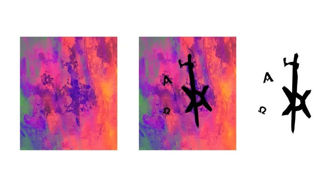 Những bức ảnh và hình minh họa kỹ thuật số về hình xăm chữ Chi-Rho và chữ cái Hy Lạp alpha và omega được tìm thấy trên cơ thể ở Ghazali. (Ảnh: Kari A. Guilbault)