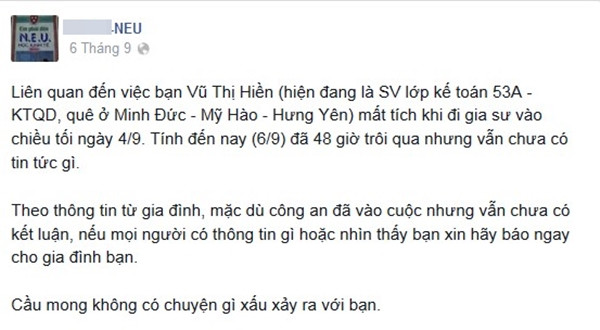 Nữ sinh Kinh tế Quốc dân mất tích 5 ngày khi đi gia sư ảnh 1