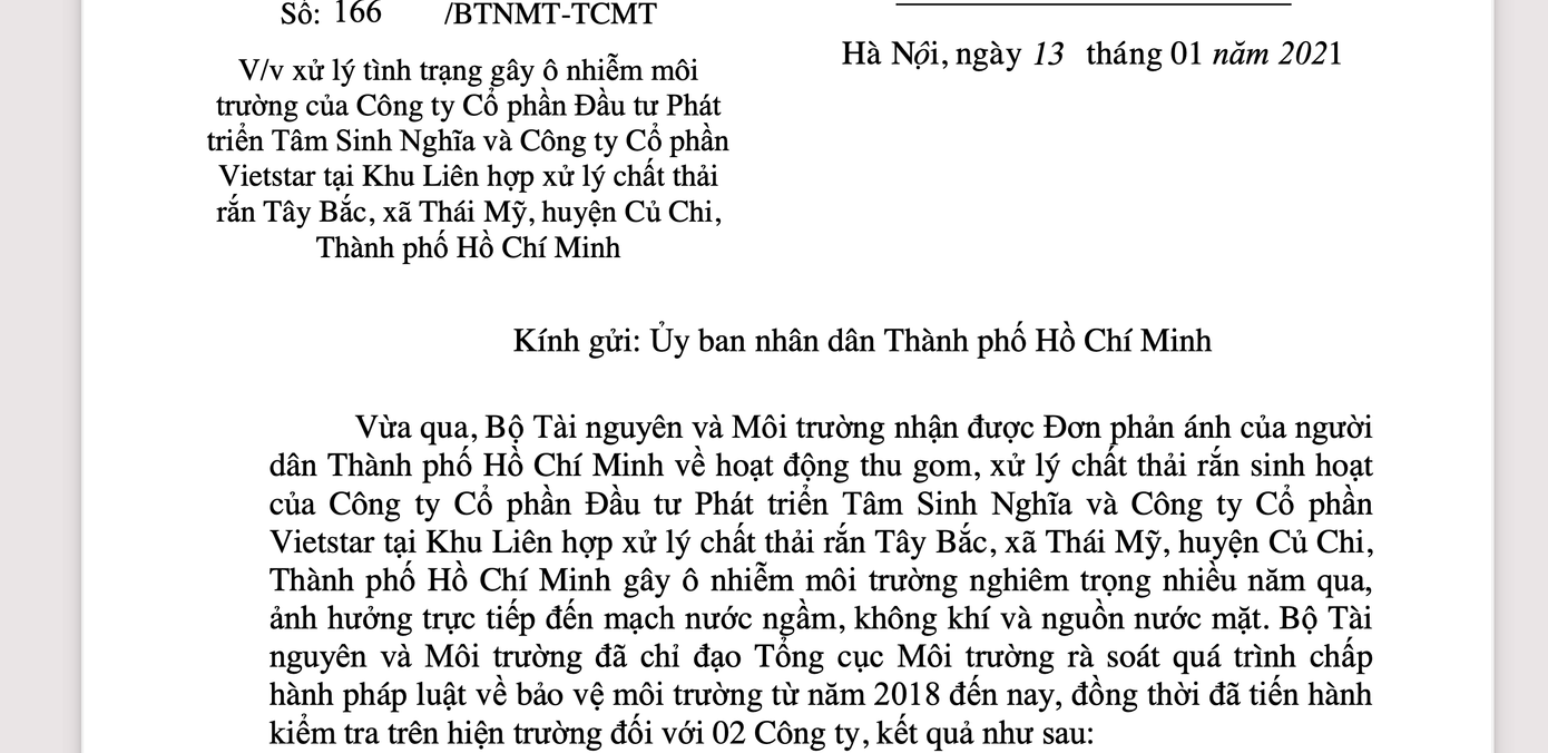Bộ Tài nguyên và Môi trường TPHCM đã có văn bản gửi UBND TPHCM về việc xử lý tình trạng ô nhiễm môi trường của hai công ty.