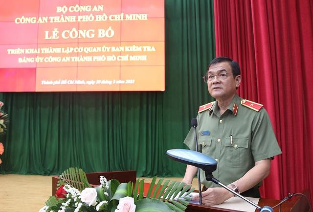 Thiếu tướng Lê Hồng Nam, Giám đốc Công an TPHCM phát biểu tại buổi lễ. Ảnh CA Thiếu tướng Lê Hồng Nam, Giám đốc Công an TPHCM phát biểu tại buổi lễ. Ảnh CA