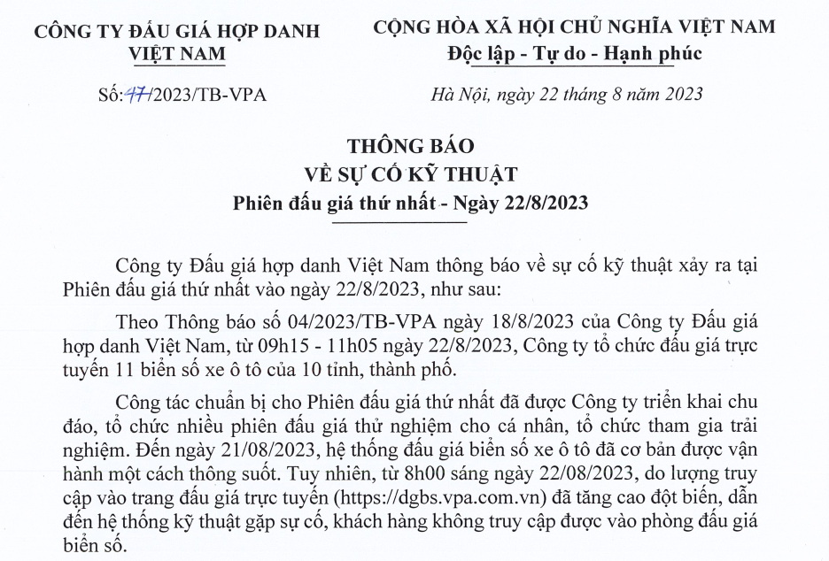 Thông báo về sự cố của phiên đấu giá