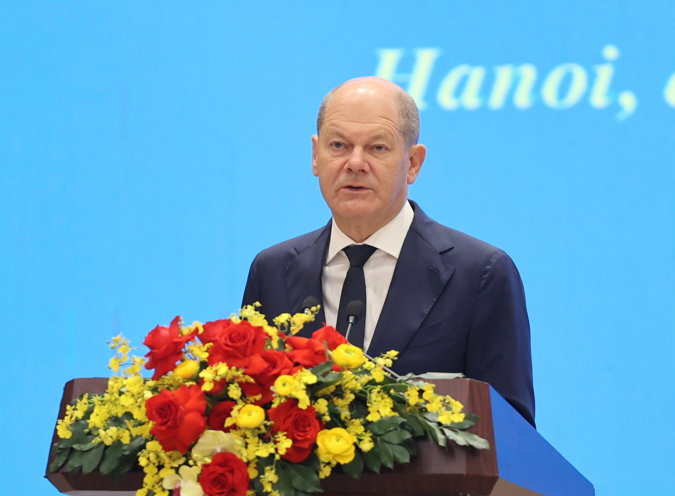 Thủ tướng Đức Olaf Scholz tại cuộc họp báo. (Ảnh: Như Ý)