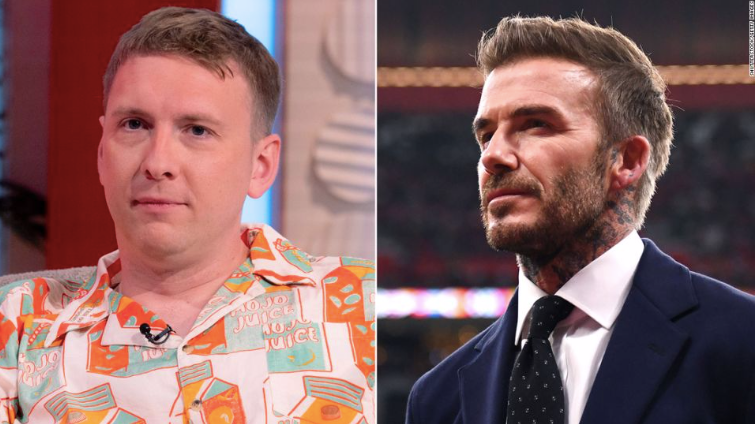 Diễn viên hài Joe Lycett (trái) và cựu danh thủ David Beckham. (Ảnh: CNN)