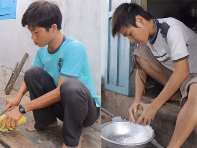 Phạm Đức Thạch nạo dừa giúp mẹ và Phạm Đức Thạch nạo dừa giúp mẹ. Ảnh: Văn Kỳ