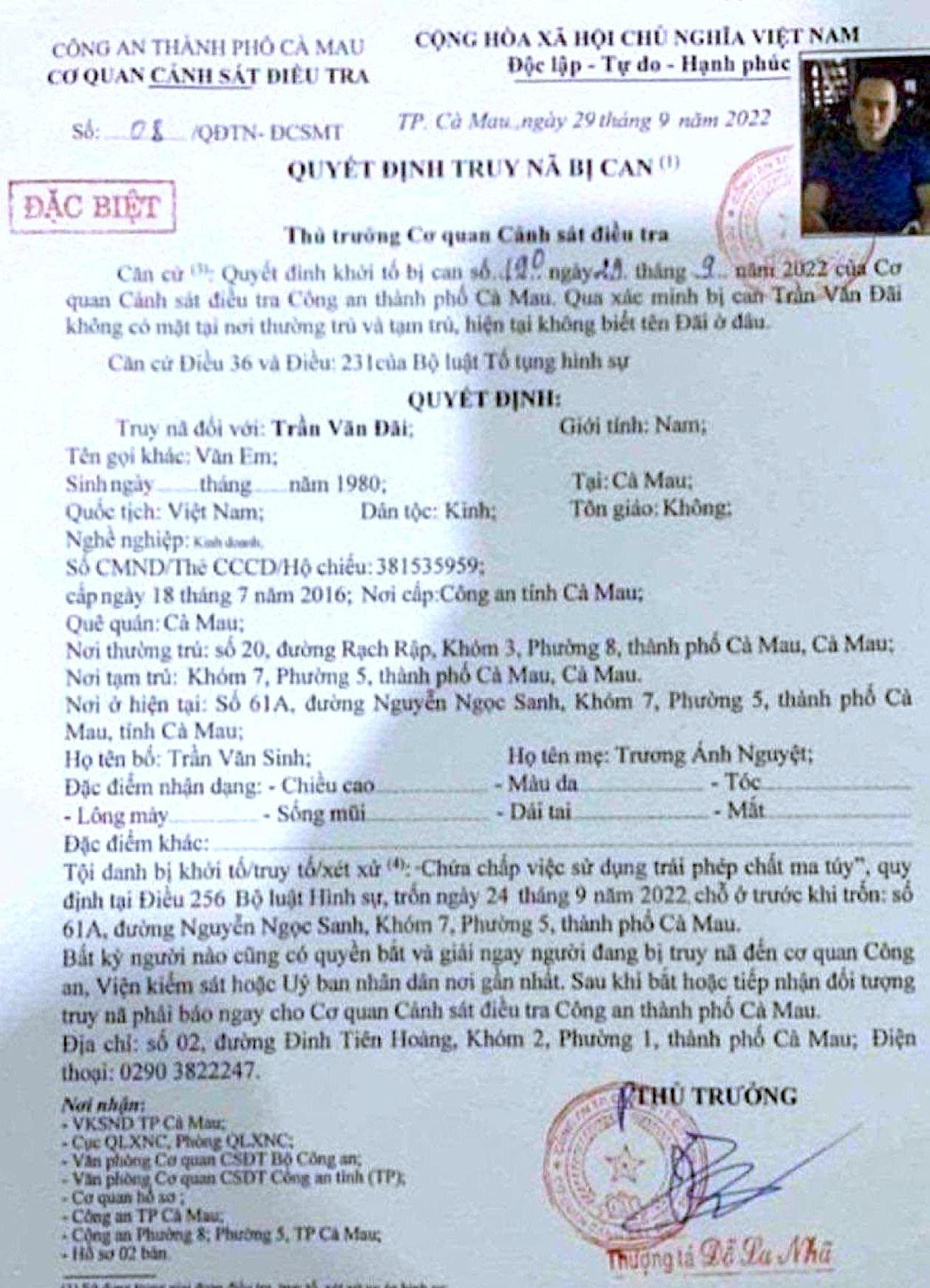 Quyết định truy nã bị can Trần Văn Đãi.