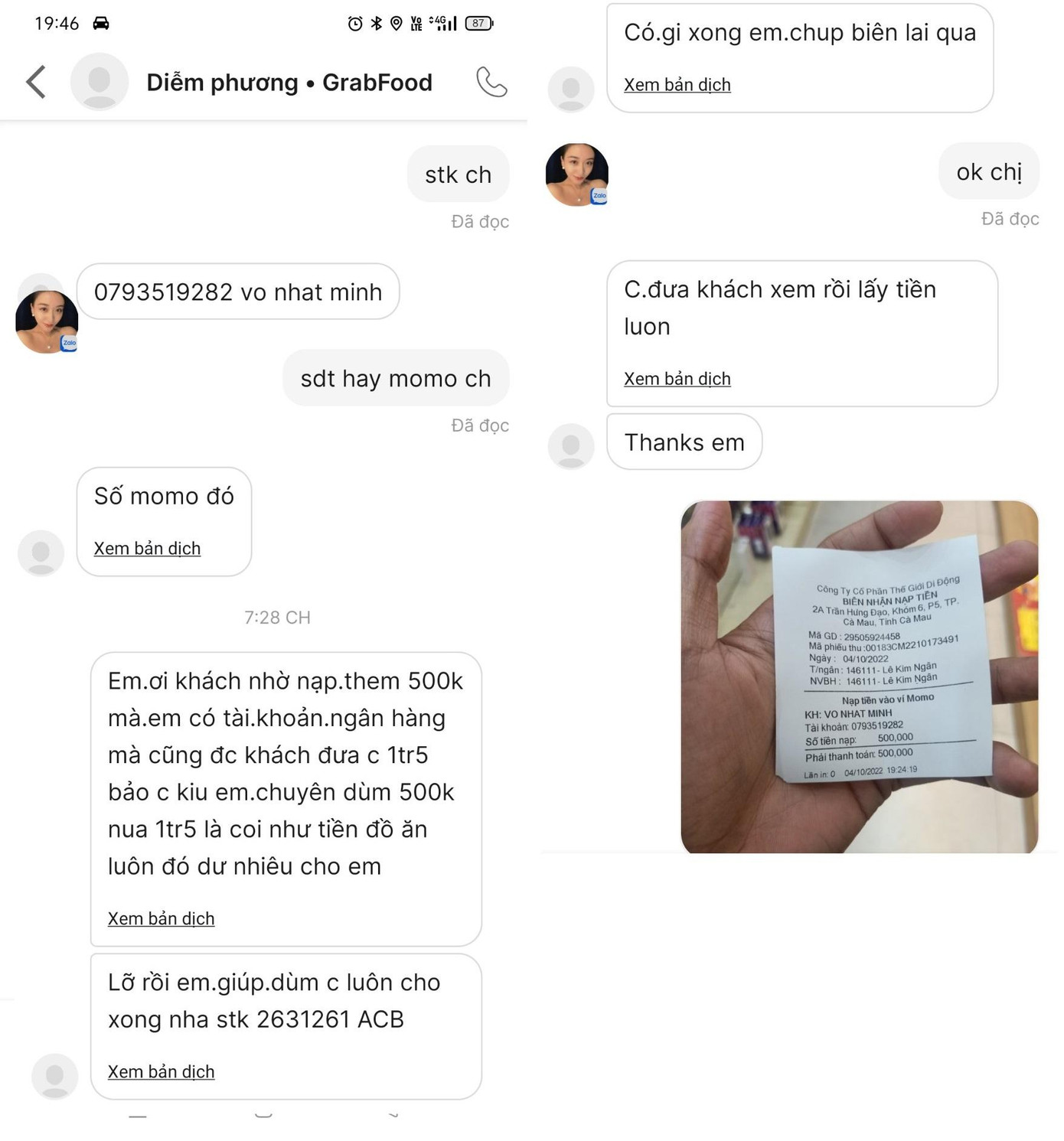 Một số đoạn tin nhắn qua lại giữa tài xế Grab và khách hàng. Một số đoạn tin nhắn qua lại giữa tài xế Grab và khách hàng.