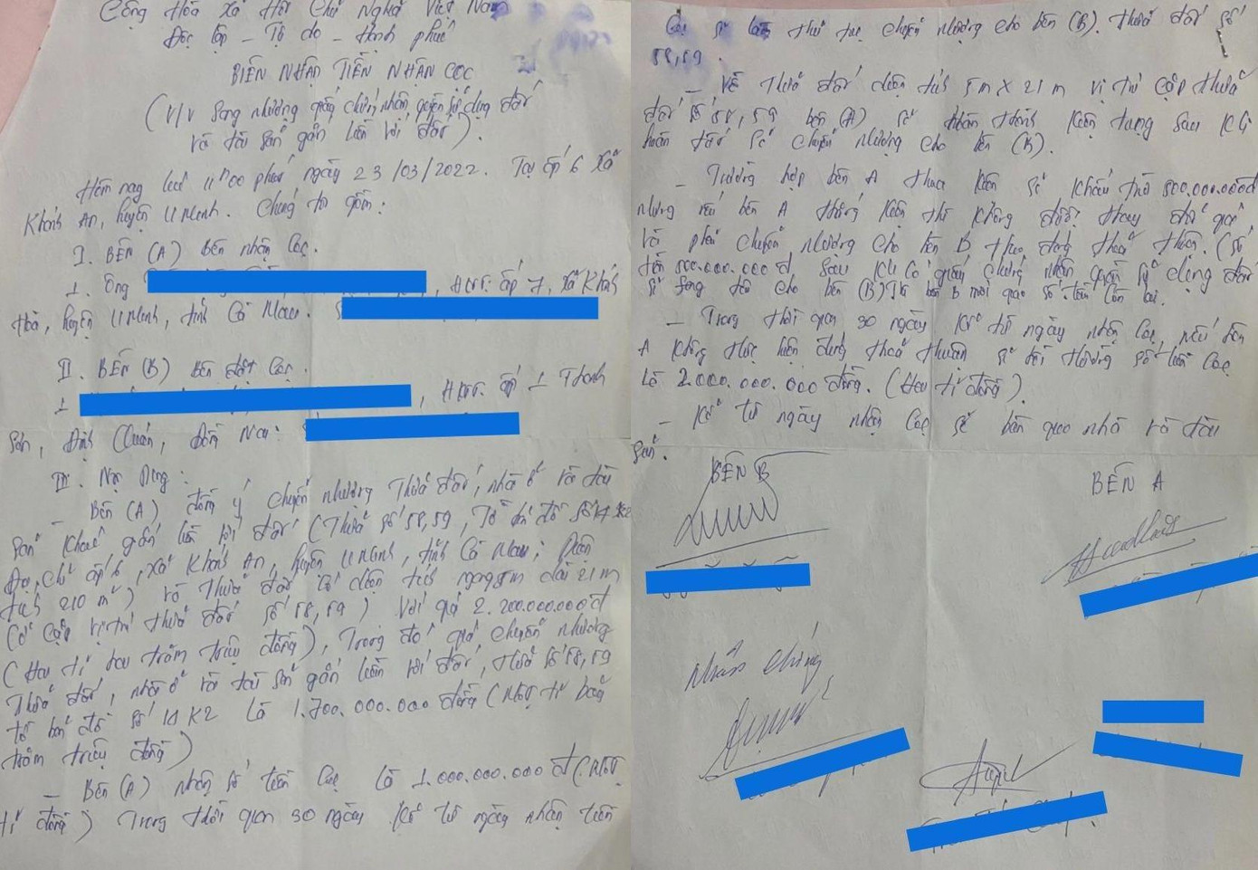 Biên nhận tiền nhận cọc có chữ ký của các bên.