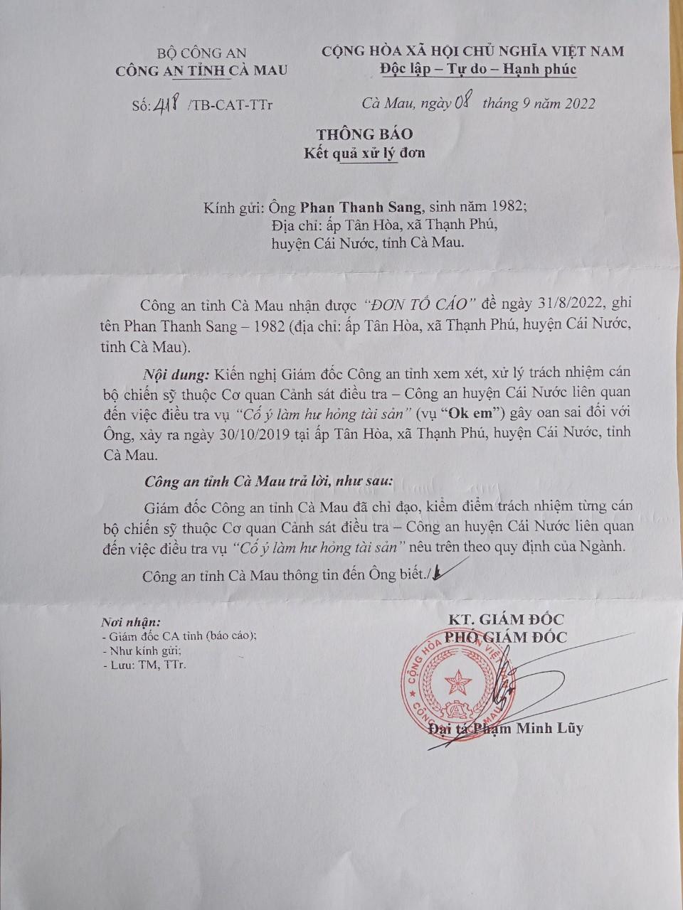 Thông báo kết quả xử lý đơn của Công an tỉnh Cà Mau. Thông báo kết quả xử lý đơn của Công an tỉnh Cà Mau.