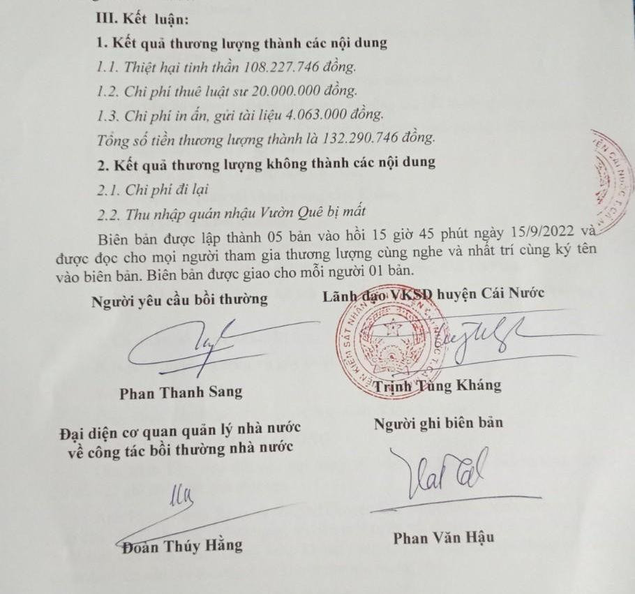 Kết quả buổi thương lượng giữa anh Sang và VKSND huyện Cái Nước.