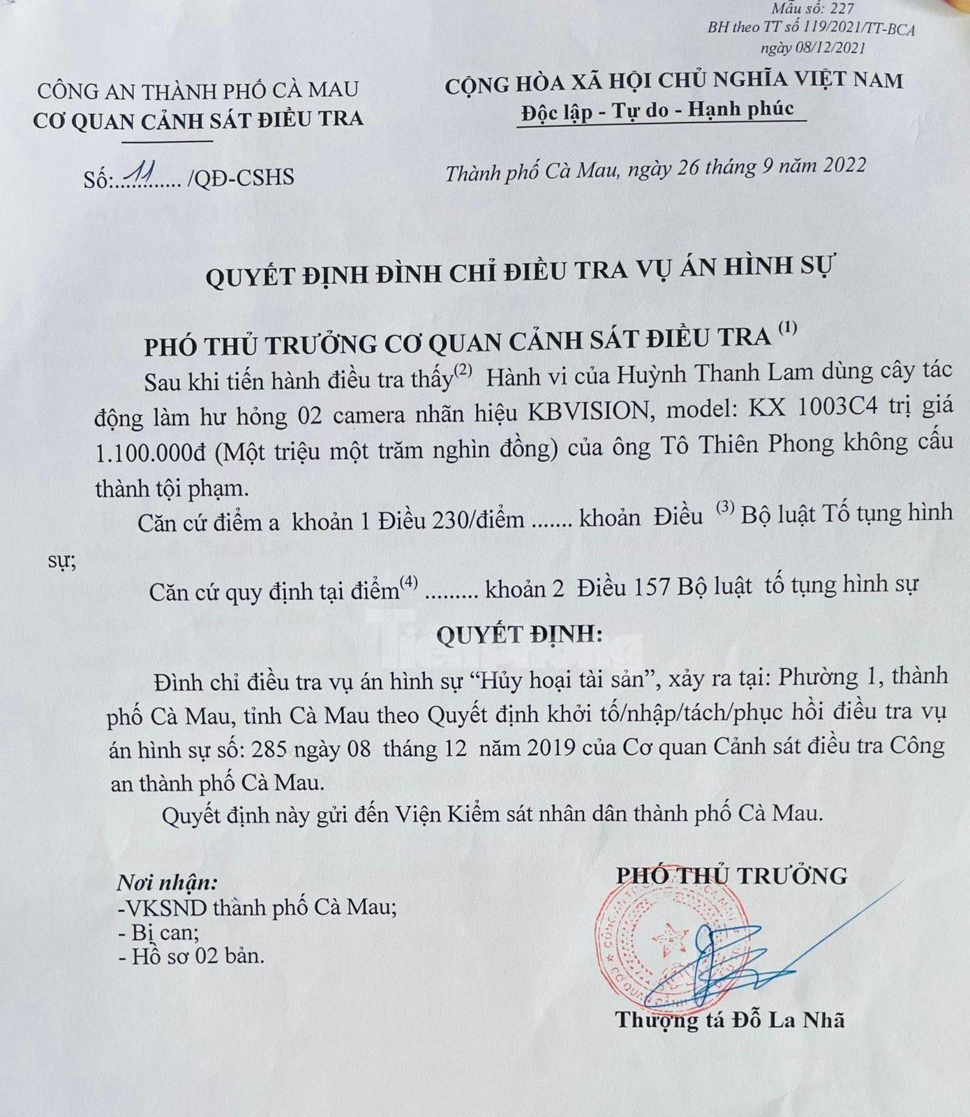 Quyết định đình chỉ vụ án của Cơ quan CSĐT Công TP. Cà Mau. Quyết định đình chỉ vụ án của Cơ quan CSĐT Công TP. Cà Mau.