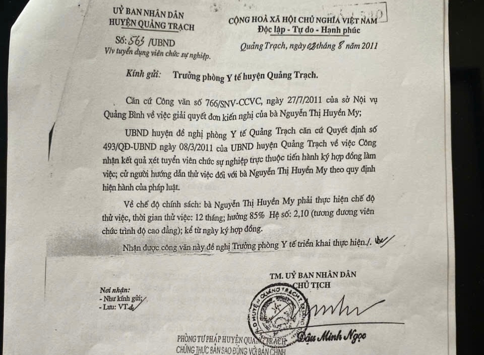 Công văn đề nghị bố trí công tác đối với bà My của Chủ tịch UBND huyện Quảng Trạch.
