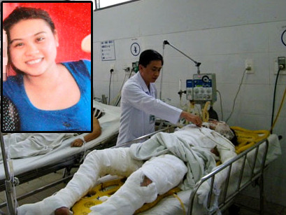 Yến - cô sinh viên sắp ra trường tràn đầy sức sống (ảnh nhỏ) và nạn nhân sau khi bị thiêu sống phải quằn quại trong nỗi đau tột cùng trước khi qua đời (ảnh lớn)