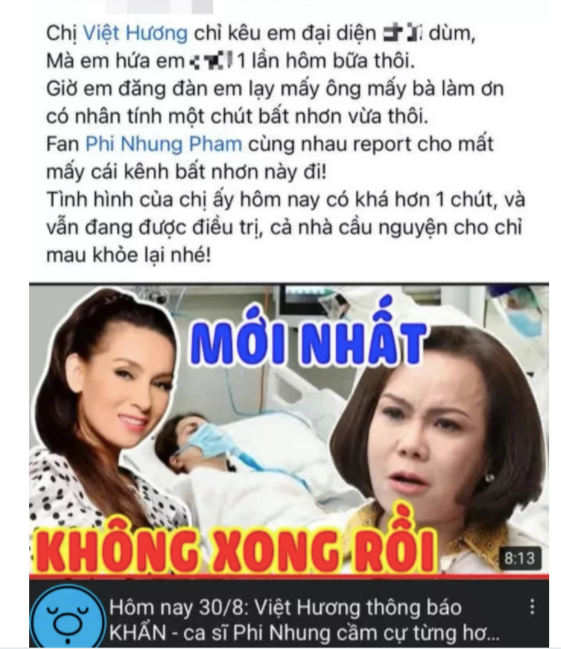 Phía Việt Hương lên tiếng đính chính về tình trạng sức khoẻ của Phi Nhung.