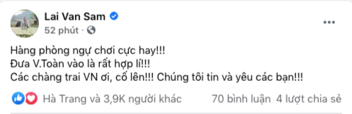 Đội tuyển Việt Nam có một trận đấu đầy căng thẳng và nảy lửa khi gặp đối thủ là đội tuyển Australia trên sân Mỹ Đình vào tối nay. Kết quả 1-0 nghiêng về đội bạn nhưng các chàng trai áo đỏ đã thi đấu hết sức thuyết phục. Khi trận đấu đang diễn ra, MC Lại Văn Sâm có chia sẻ đáng chú ý trên trang cá nhân. Ông viết: “Hàng phòng ngự chơi cực hay! Đưa Văn Toàn vào là rất hợp lí. Các chàng trai Việt Nam ơi, cố lên. Chúng tôi tin và yêu các bạn”. Đội tuyển Việt Nam có một trận đấu đầy căng thẳng và nảy lửa khi gặp đối thủ là đội tuyển Australia trên sân Mỹ Đình vào tối nay. Kết quả 1-0 nghiêng về đội bạn nhưng các chàng trai áo đỏ đã thi đấu hết sức thuyết phục. Khi trận đấu đang diễn ra, MC Lại Văn Sâm có chia sẻ đáng chú ý trên trang cá nhân. Ông viết: “Hàng phòng ngự chơi cực hay! Đưa Văn Toàn vào là rất hợp lí. Các chàng trai Việt Nam ơi, cố lên. Chúng tôi tin và yêu các bạn”.