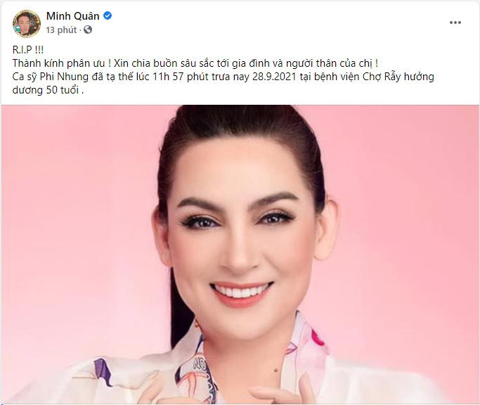Ca sĩ Minh Quân gửi lời chia buồn khi nghe tin Phi Nhung qua đời.