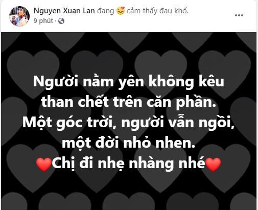 Là một trong những nghệ sĩ gắn bó, thân thiết với Phi Nhung, siêu mẫu Xuân Lan đau buồn viết: “Người nằm yên không kêu than chết trên căn phần. Một góc trời, người vẫn ngồi, một đời nhỏ nhen. Chị đi nhẹ nhàng nhé”.