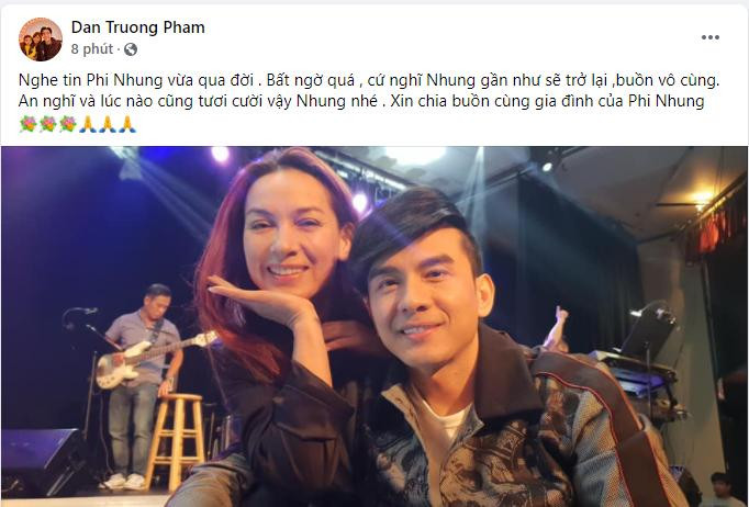 Ca sĩ Đan Trường xúc động: “Nghe tin Phi Nhung vừa qua đời. Bất ngờ quá, cứ nghĩ Nhung gần như sẽ trở lại, buồn vô cùng. An nghỉ và lúc nào cũng tươi cười vậy Nhung nhé. Xin chia buồn cùng gia đình của Phi Nhung”.