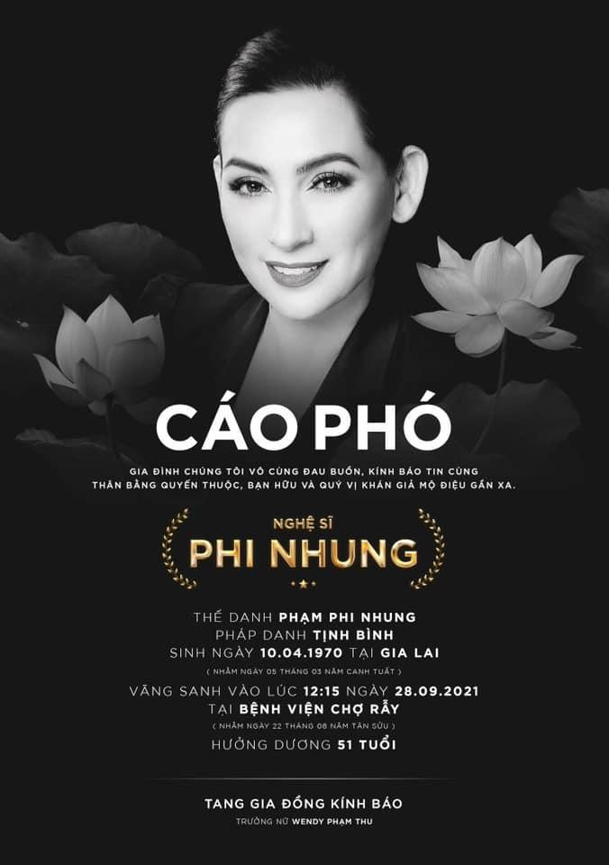 Cáo phó do con gái ruột Phi Nhung đăng tải.