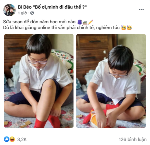 Hình ảnh cậu bé Bi Béo- con trai nghệ sĩ Xuân Bắc chuẩn bị cho lễ khai giảng thu hút sự chú ý đặc biệt của cư dân mạng. Những khoảnh khắc trong lễ khai giảng trước đó của Bi Béo vẫn gây sốt trong dịp này.