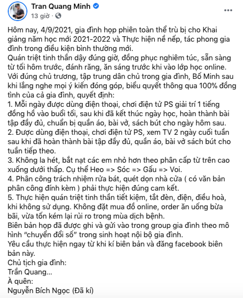 BTV Trần Quang Minh chia sẻ thời gian biểu và quy định mới cho các con khi bước vào năm học mới thu hút sự quan tâm của người hâm mộ.