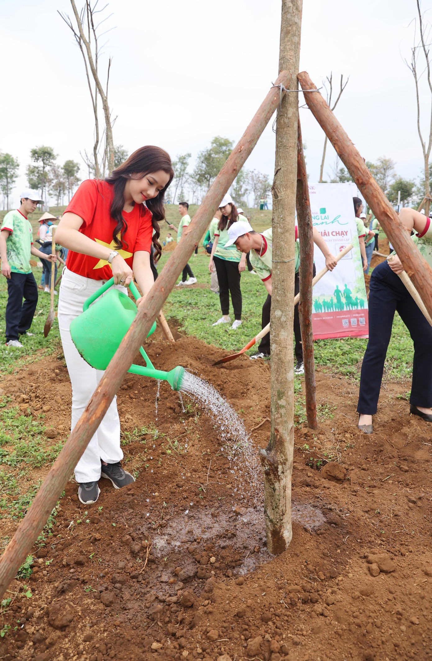 Các hoa hậu, á hậu và người đẹp tham gia trồng cây tại tại khu vực đồi Lâm Viên, thành phố Lai Châu, tỉnh Lai Châu.