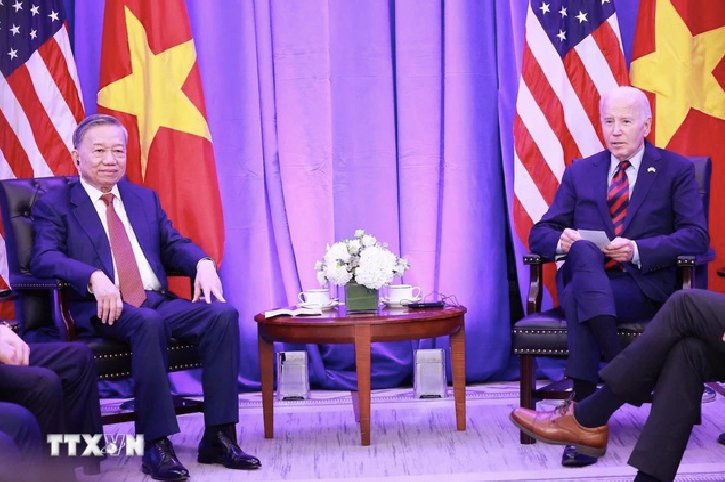 Tổng Bí thư, Chủ tịch nước Tô Lâm trong cuộc hội đàm với Tổng thống Mỹ Joe Biden tại New York. (Ảnh: TTXVN)