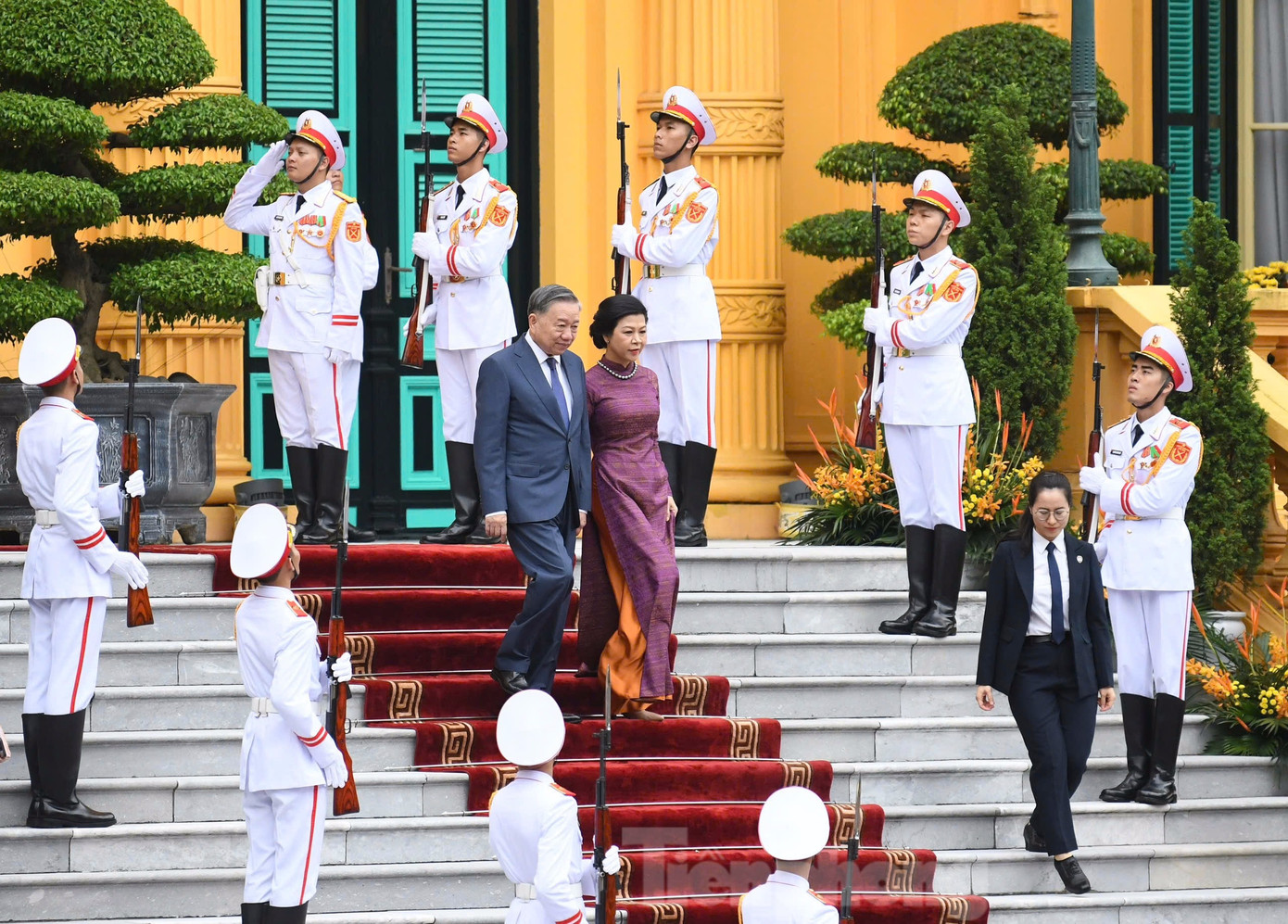 Tổng Bí thư, Chủ tịch nước Tô Lâm và Phu nhân đón Tổng thống Mozambique Filipe Jacinto Nyusi và Phu nhân tại Phủ Chủ tịch. (Ảnh: Như Ý)