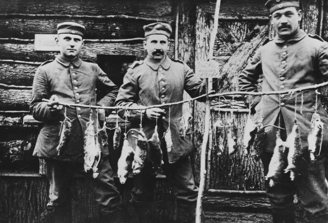 Binh lính Đức trong Thế chiến I tiêu khiển bằng cách bắt chuột. (Ảnh: Getty) Binh lính Đức trong Thế chiến I tiêu khiển bằng cách bắt chuột. (Ảnh: Getty)