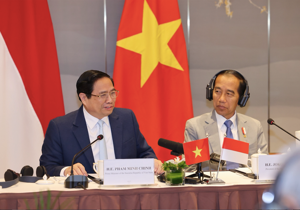 Thủ tướng Phạm Minh Chính và Tổng thống Joko Widodo đồng chủ trì Đối thoại doanh nghiệp cấp cao Việt Nam-Indonesia. (Ảnh: Như Ý)