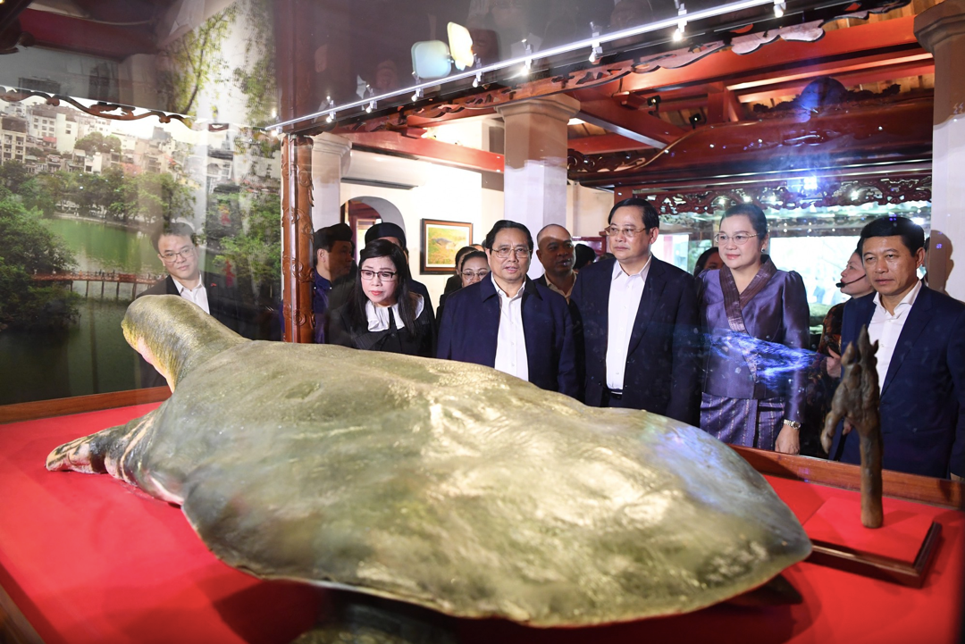 Thủ tướng Phạm Minh Chính và Phu nhân cùng Thủ tướng CHDCND Lào Sonexay Siphandone và Phu nhân xem và nghe giới thiệu về tiêu bản rùa hồ Hoàn Kiếm lưu giữ trong đền Ngọc Sơn. (Ảnh: Tiến Đạt)