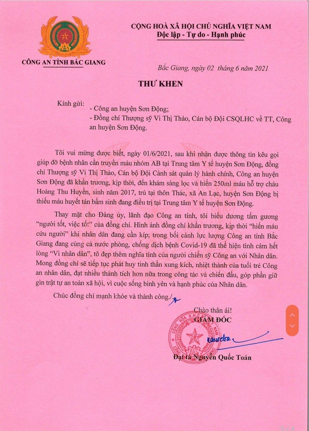 Thư khen của Đại tá Nguyễn Quốc Toản - Giám đốc Công an Bắc Giang về hành động đẹp "khi nhân dân đang cần kíp" của thượng sỹ Vi Thị Thảo Thư khen của Đại tá Nguyễn Quốc Toản - Giám đốc Công an Bắc Giang về hành động đẹp "khi nhân dân đang cần kíp" của thượng sỹ Vi Thị Thảo