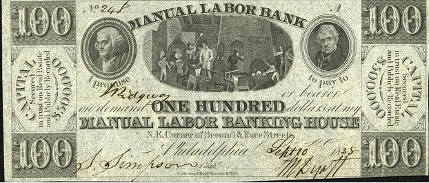 Tờ “Obsolete”, tờ tiền giấy do các ngân hàng tư nhân phát hành, chủ yếu lưu thông nội bộ giữa các ngân hàng trong các cuộc cách mạng và Nội chiến Mỹ. Các ngân hàng đã không có đủ vàng và bạc để đổi các tờ tiền loại này, nhiều ngân hàng đã dẫn đến phá sản, trong đó có Ngân hàng Lao động. Ngân hàng này đã ban hành tờ tiền 100 USD này trong năm 1838