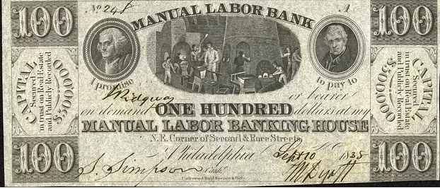 Tờ “Obsolete”, tờ tiền giấy do các ngân hàng tư nhân phát hành, chủ yếu lưu thông nội bộ giữa các ngân hàng trong các cuộc cách mạng và Nội chiến Mỹ. Các ngân hàng đã không có đủ vàng và bạc để đổi các tờ tiền loại này, nhiều ngân hàng đã dẫn đến phá sản, trong đó có Ngân hàng Lao động. Ngân hàng này đã ban hành tờ tiền 100 USD này trong năm 1838
