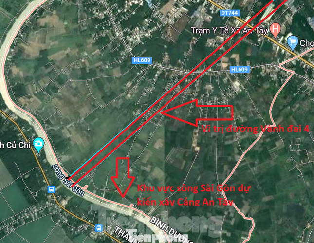 Vị trí Cảng An Tây nằm bên sông Sài Gòn, giáp đường ĐT 744 và Vành đai 4 TPHCM.