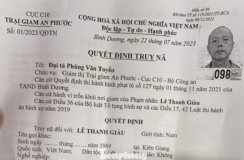 Quyết định truy nã vào sáng cùng ngày của Trại giam An Phước