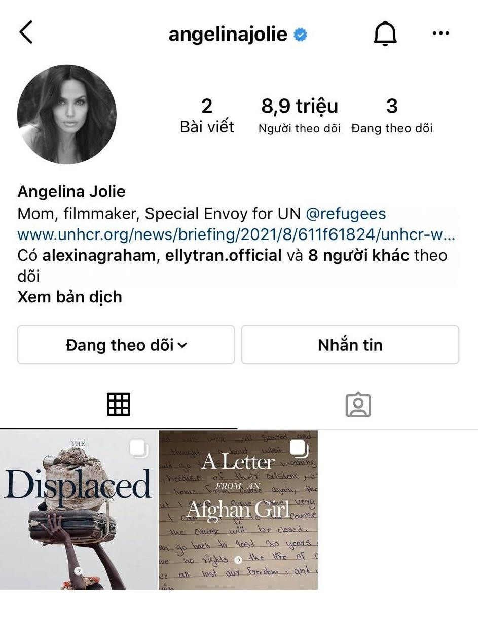 Angelina Jolie đạt được 8,9 triệu người theo dõi chỉ trong 4 ngày và với 2 bài đăng. Angelina Jolie đạt được 8,9 triệu người theo dõi chỉ trong 4 ngày và với 2 bài đăng.