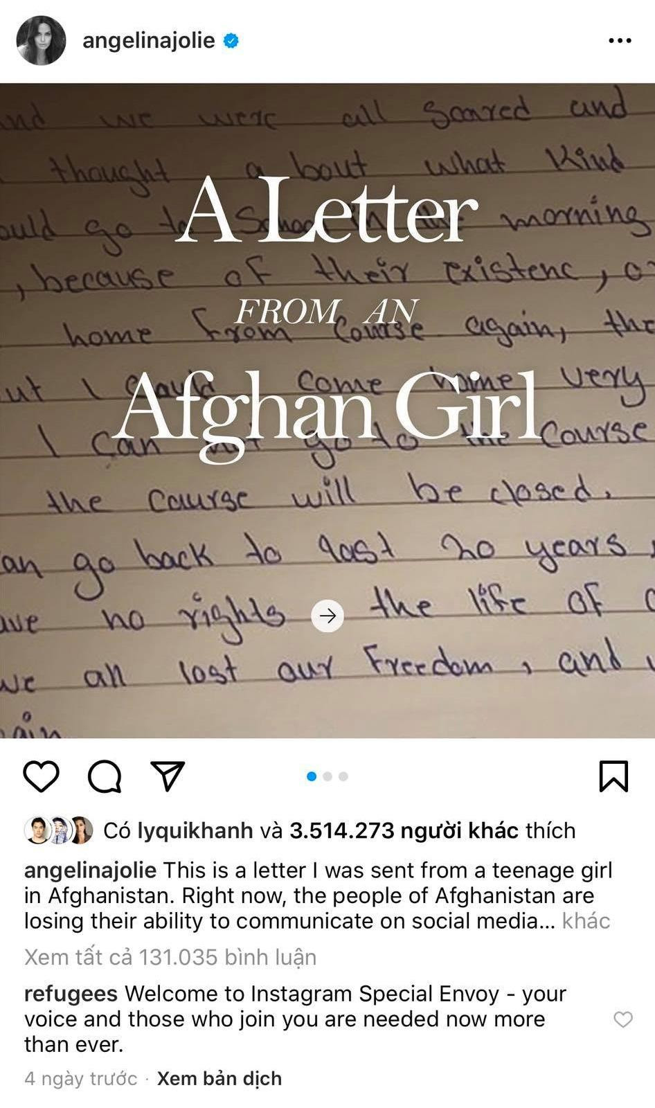 Bài đăng đầu tiên của Angelina trên Instagram hút hơn 3,5 triệu lượt yêu thích. Bài đăng đầu tiên của Angelina trên Instagram hút hơn 3,5 triệu lượt yêu thích.